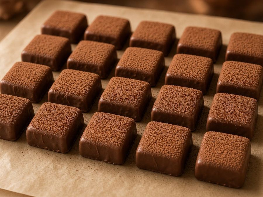 Milk ganache squares dusted with cocoa in neat parchment rows.