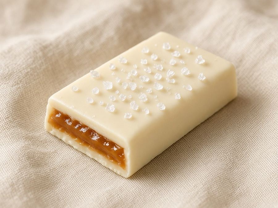 White-and-caramel bar finished with sea salt crystals.