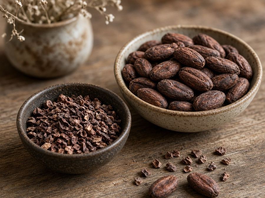 Cacao nibs and roasted beans in ceramic bowls.