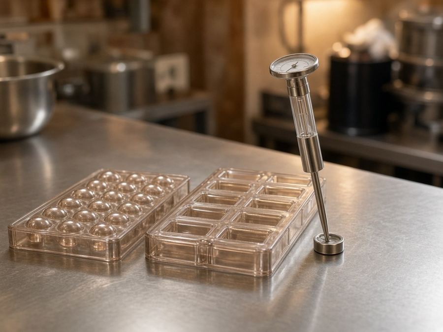 Polycarbonate molds and a bench thermometer.